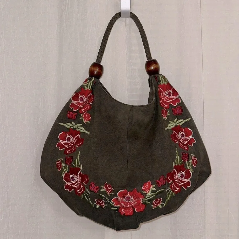 ASOS Forever New Camo Green Canvas Red Burgundy Pink Floral Embroidered Hobo Bag